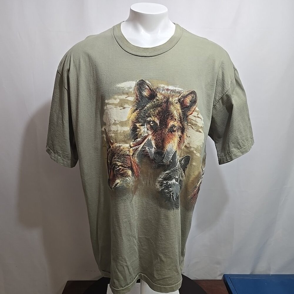 Vintage Wolf Single Stitch Tee Shirt Mens Size XXL 2XL Green Wrap Around Graphic